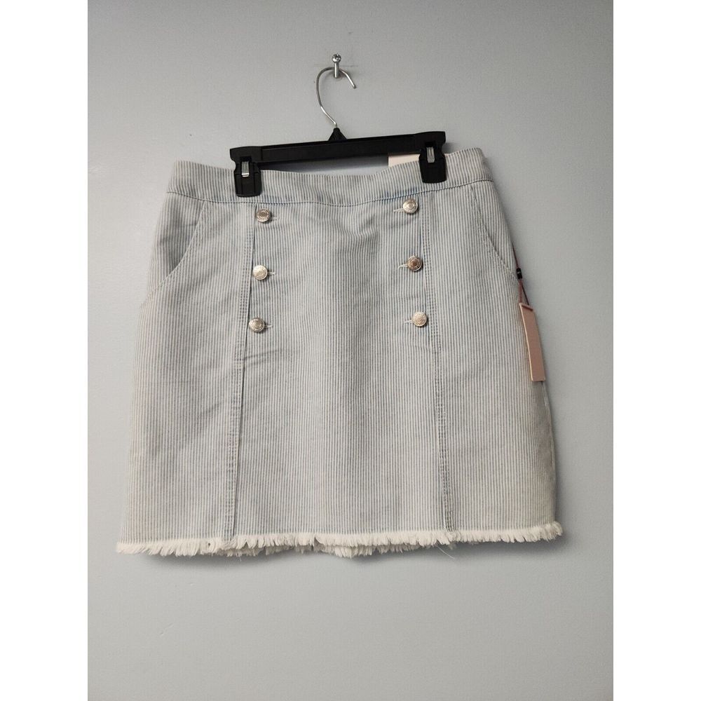 NEW WOMENS Denim Blvd BLUE & WHITE PINSTRIPE‎ SEERSUCKER SKIRT M w Frayed Hem